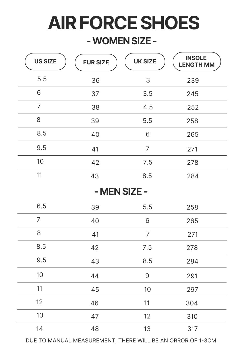 Air Force Shoes Size Chart - Jujutsu Kaisen AU Store