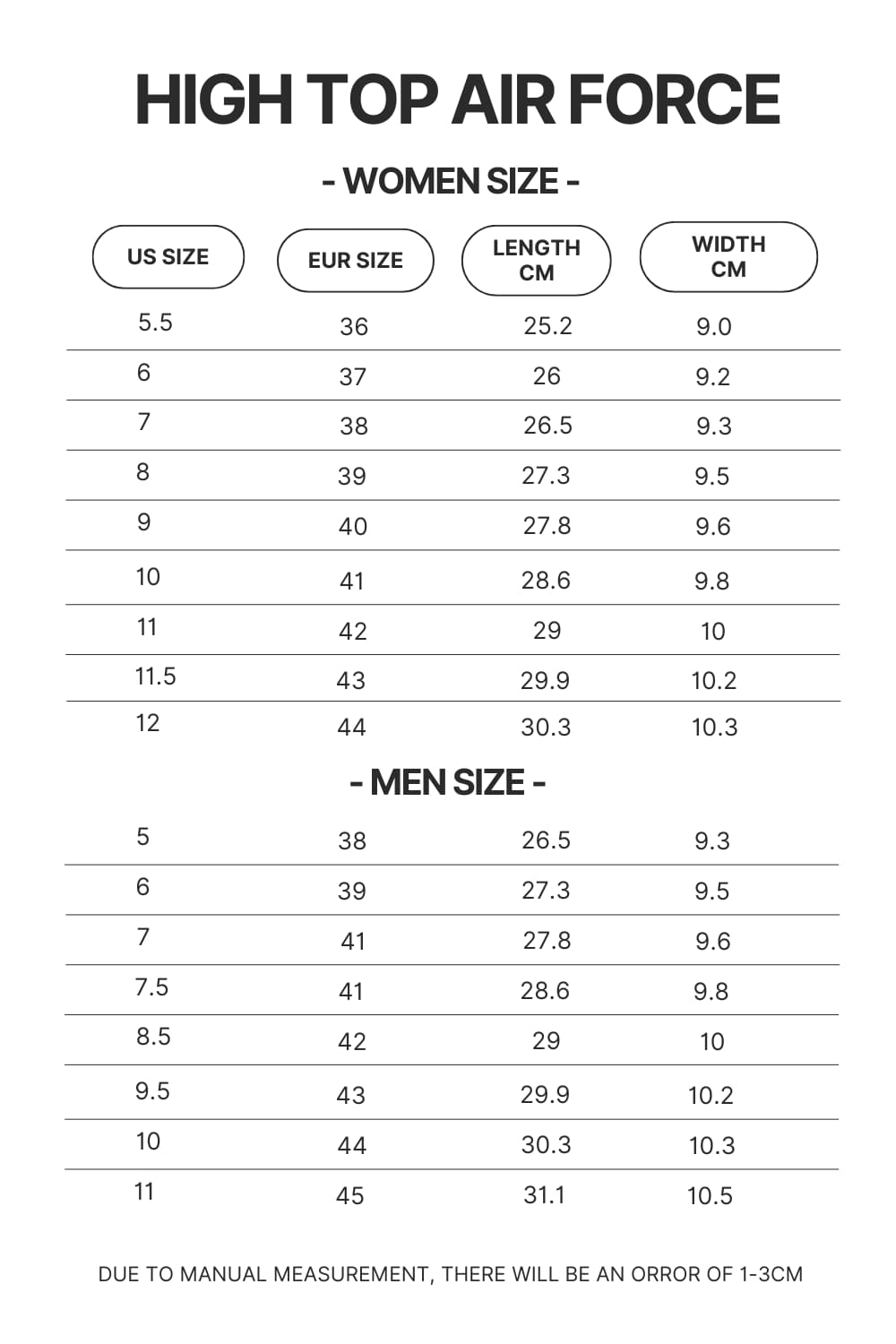 High Top Air Force Shoes Size Chart - Jujutsu Kaisen AU Store