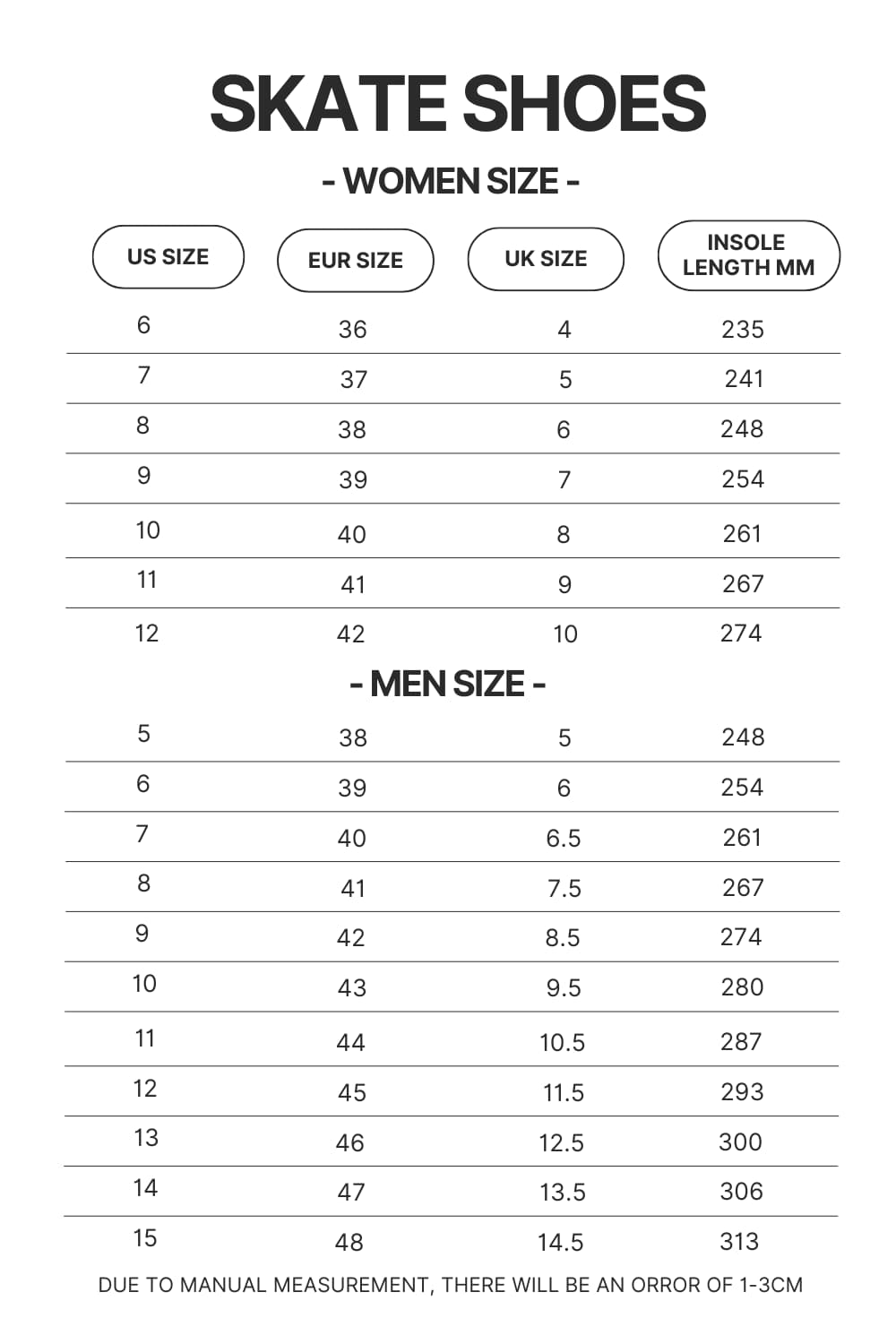 Skate Shoes Size Chart - Jujutsu Kaisen AU Store