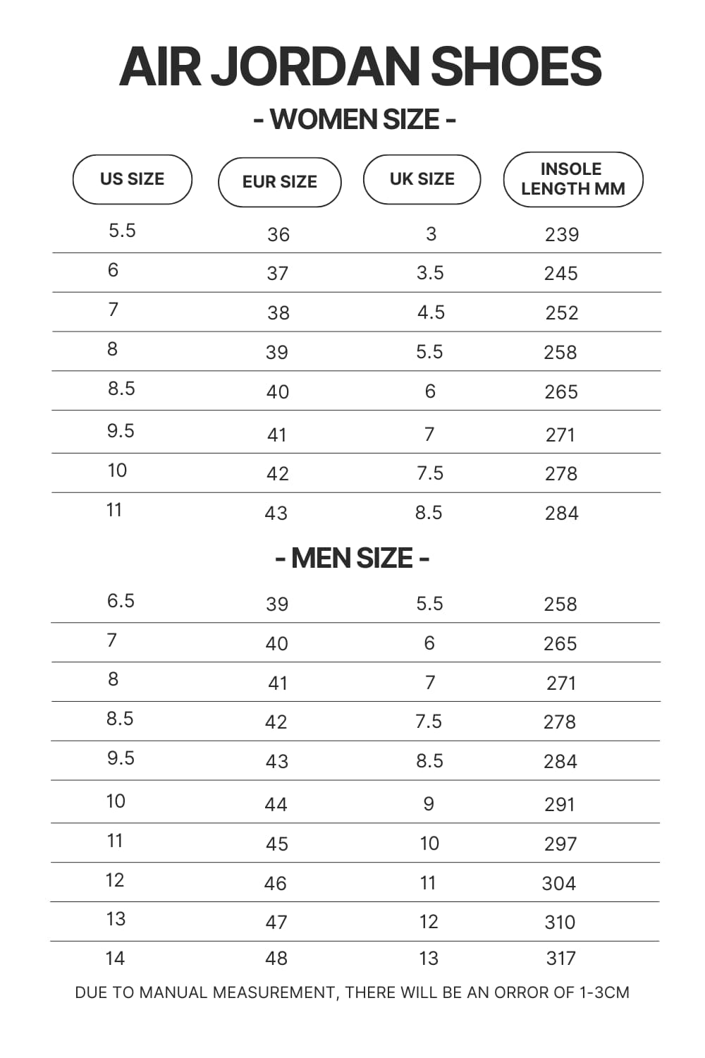 Air Jordan Shoes Size Chart 1 - Jujutsu Kaisen AU Store