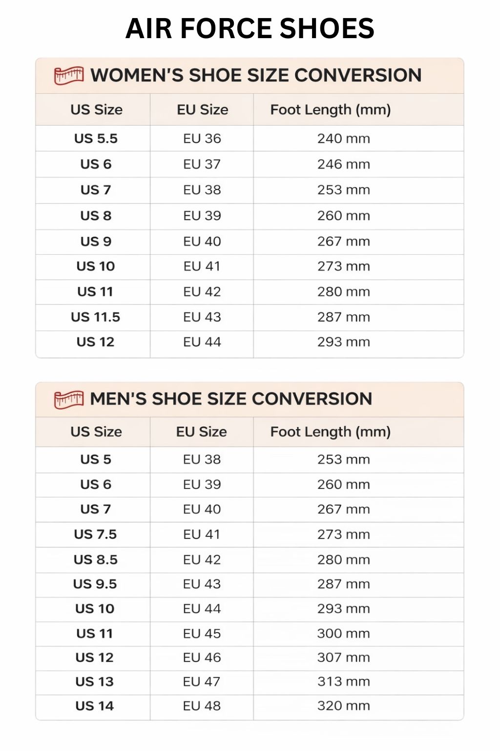 Air Force Shoes Size Chart - Jujutsu Kaisen AU Shop