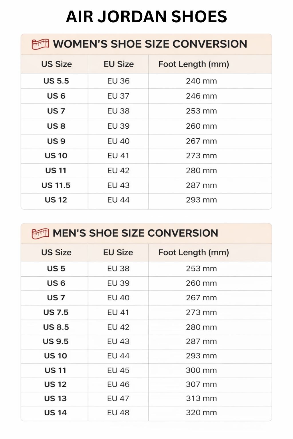 Air Jordan High Low Top Shoes Size Chart - Jujutsu Kaisen AU Shop