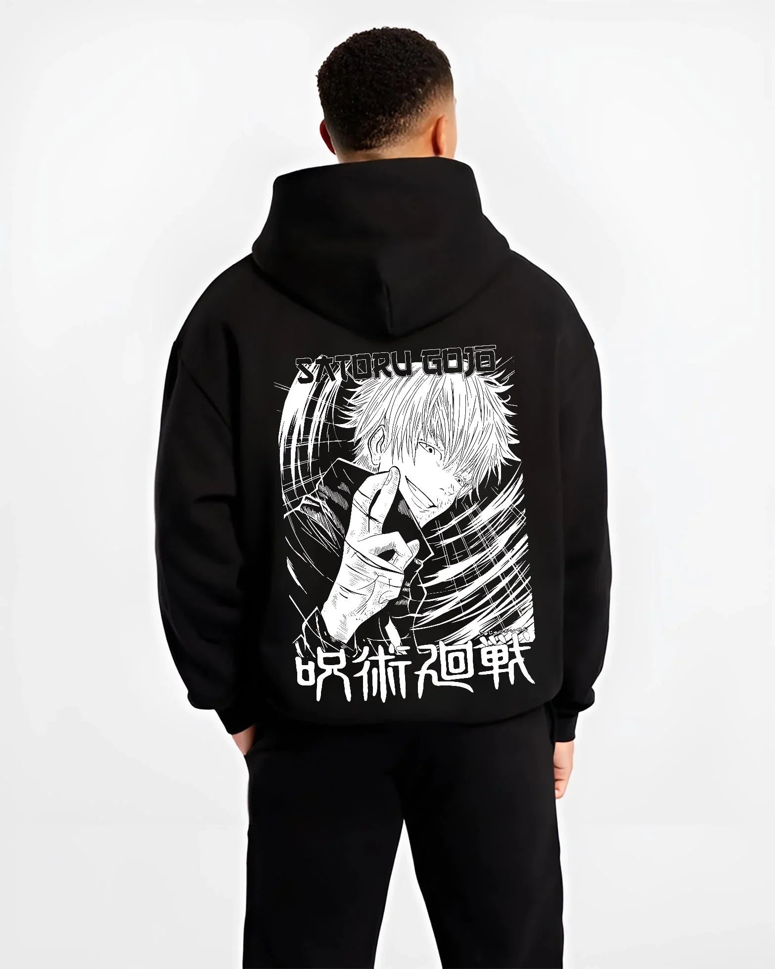 GOJO6E B.black hoodie male back view - Jujutsu Kaisen AU Shop