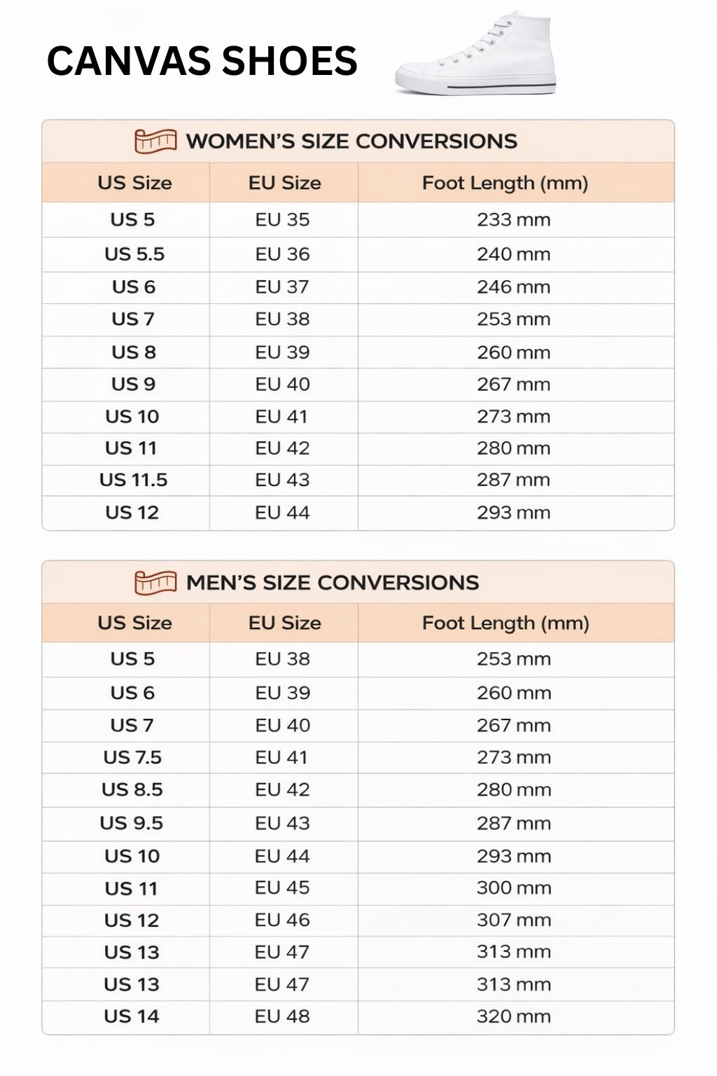 High Top Canvas Shoes Size Chart - Jujutsu Kaisen AU Shop
