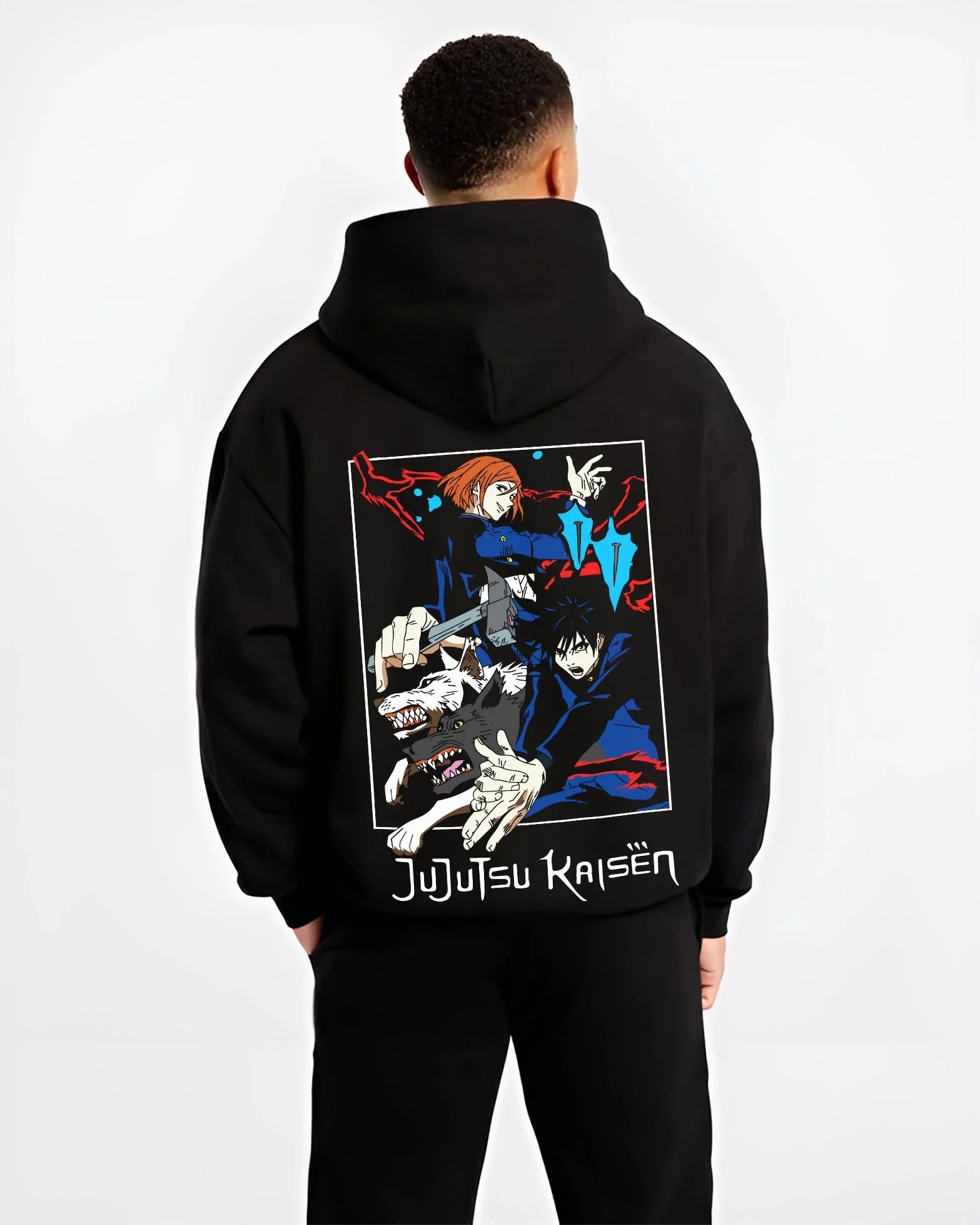 KENJKU B.black hoodie male back view - Jujutsu Kaisen AU Shop