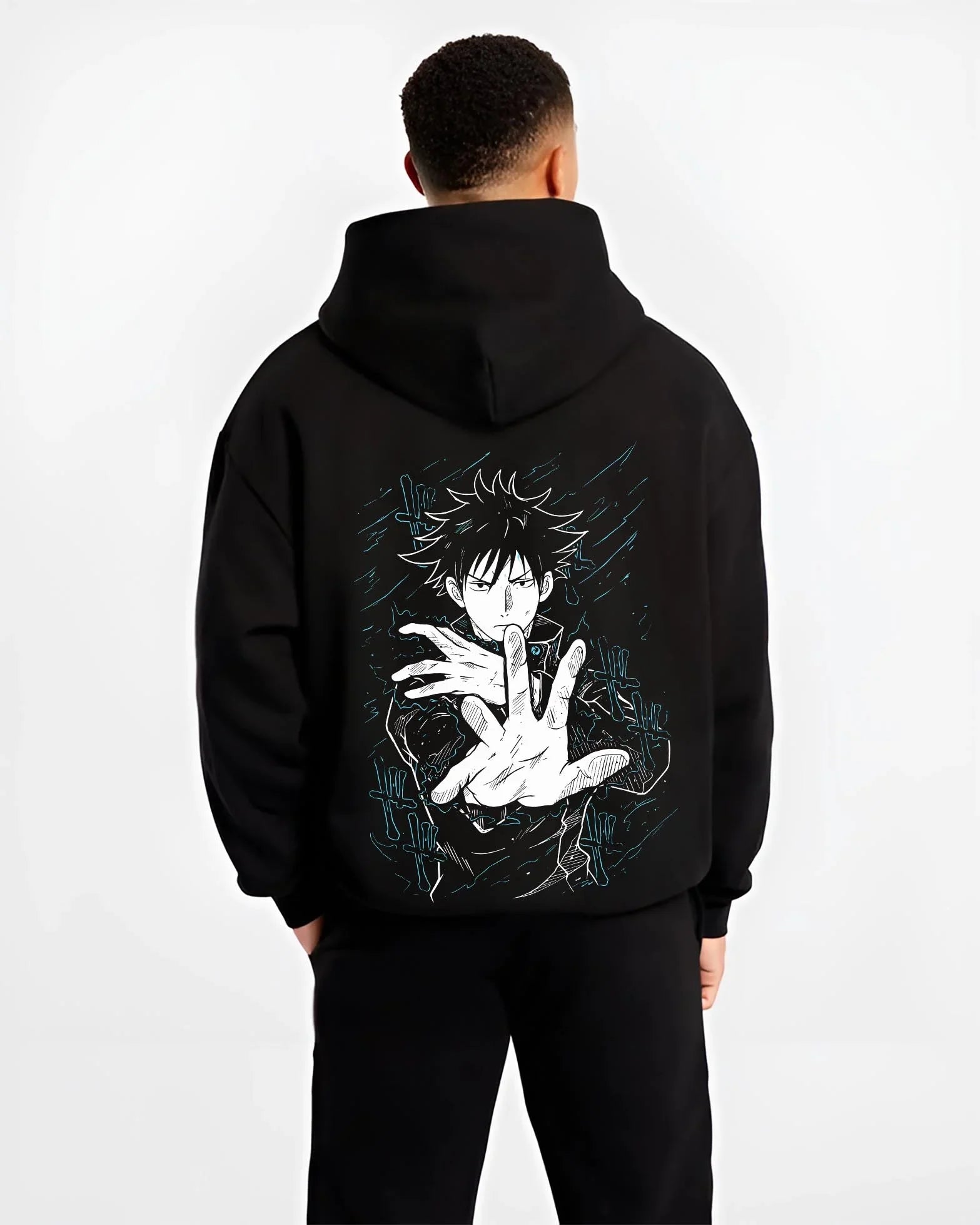 MEGSHD B.black hoodie male back view - Jujutsu Kaisen AU Shop