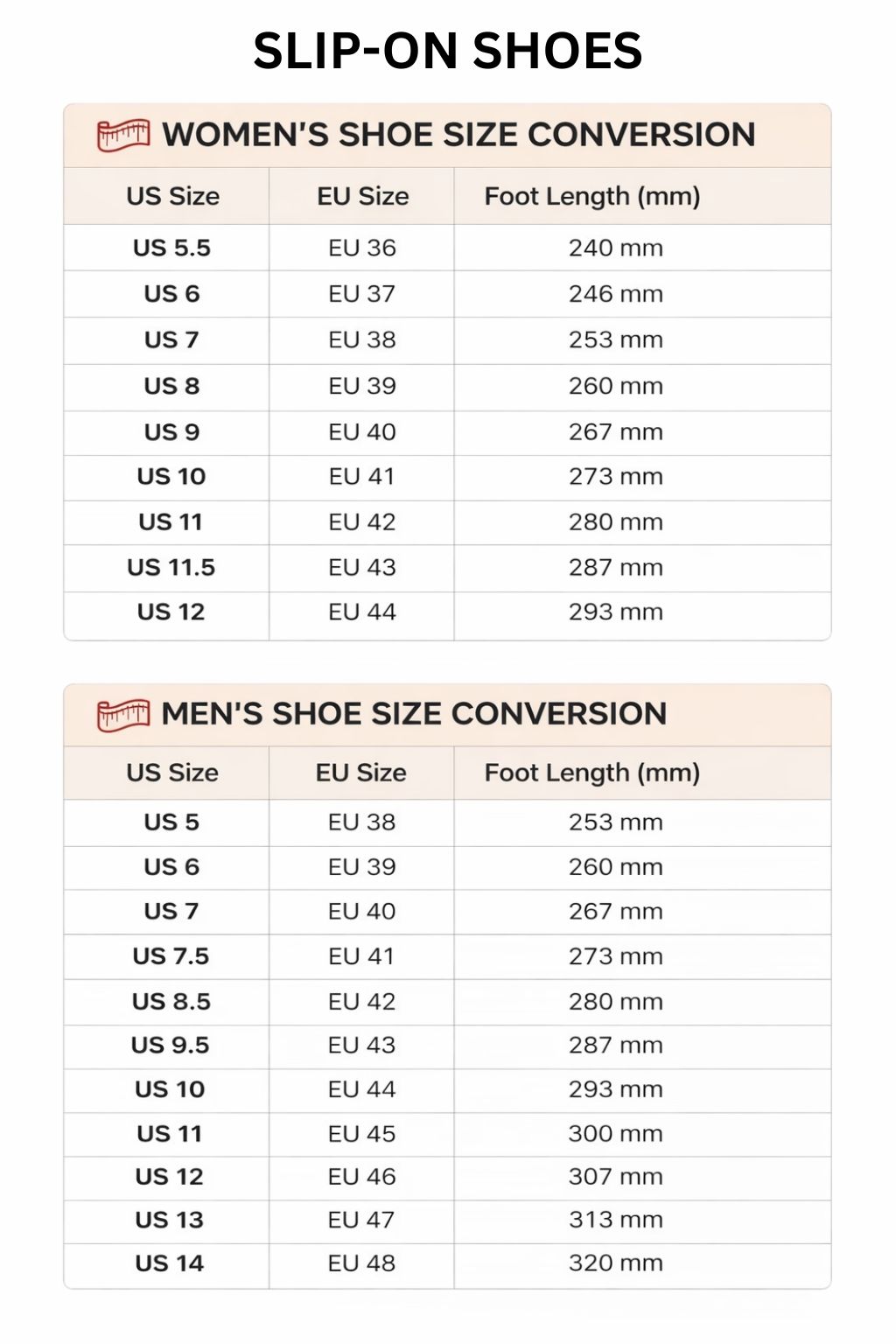 Slip On Shoes Size Chart - Jujutsu Kaisen AU Shop