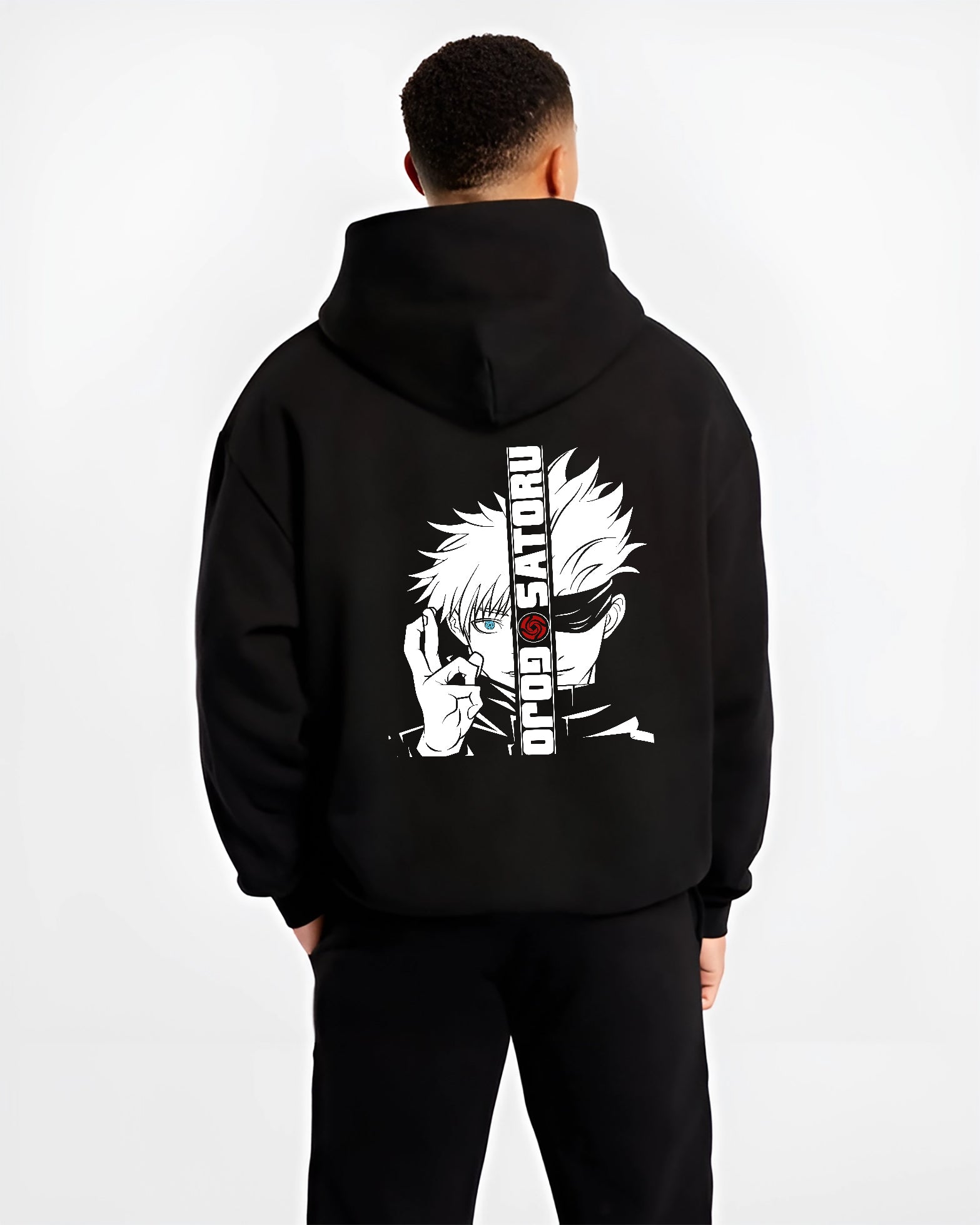 gojo satoru vertical text graphic black hoodie male back - Jujutsu Kaisen AU Shop